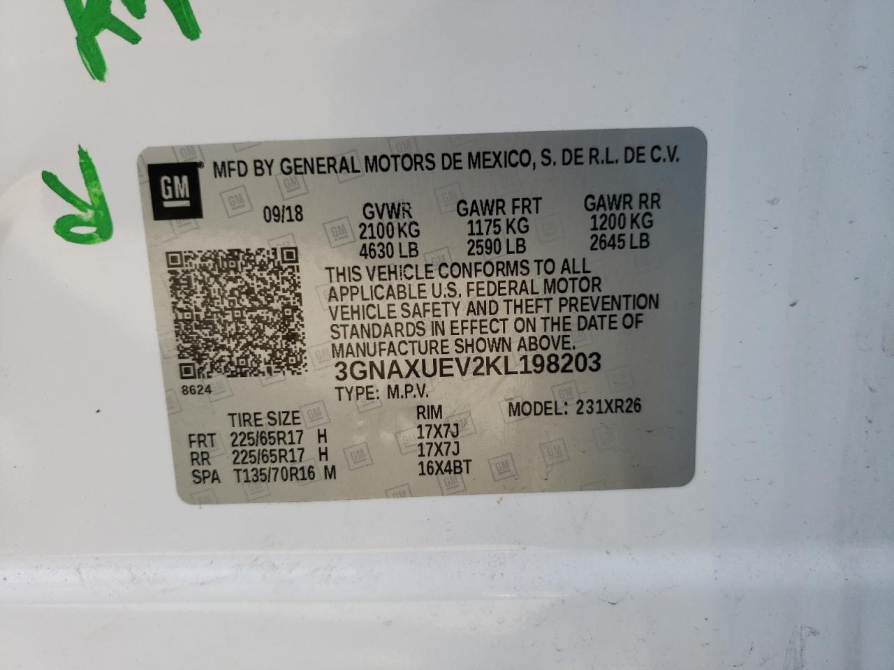 Photo 10 from auction – 2019 CHEVROLET EQUINOX LT with VIN 3GNAXUEV2KL198203