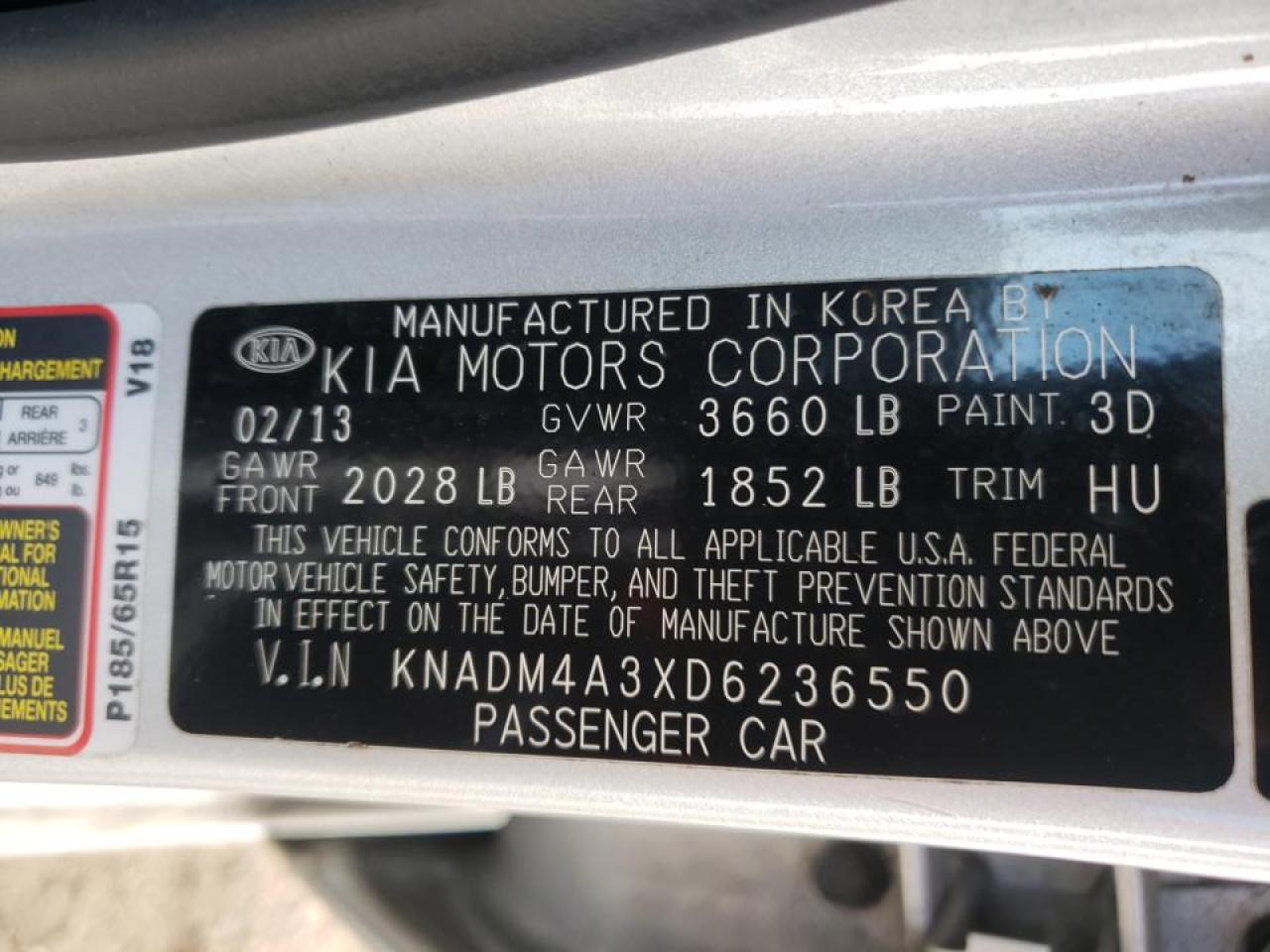 Photo 10 from auction – 2013 KIA RIO LX with VIN KNADM4A3XD6236550