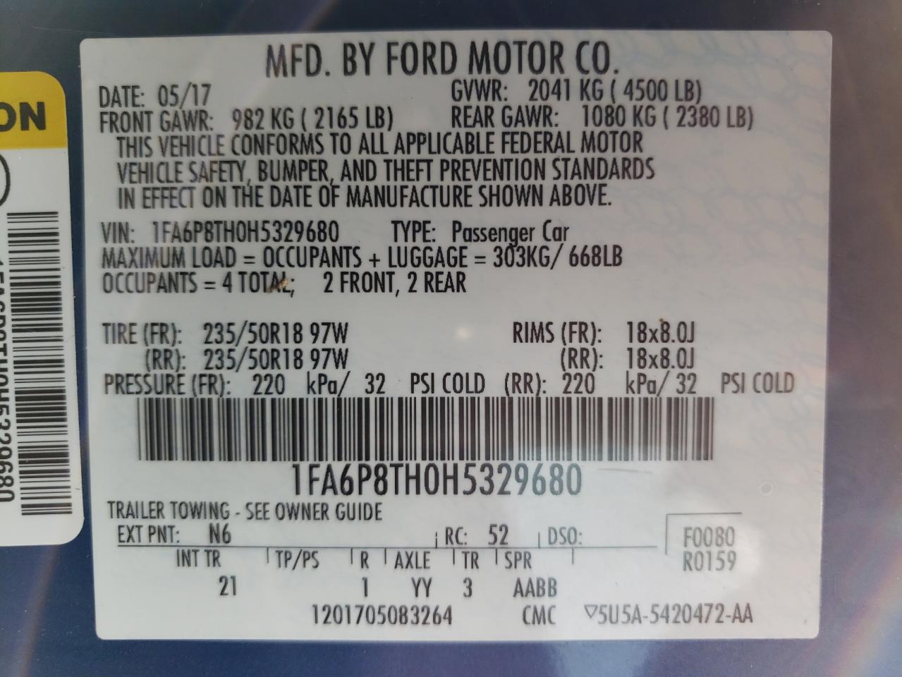 Photo 10 from auction – 2017 FORD MUSTANG with VIN 1FA6P8TH0H5329680