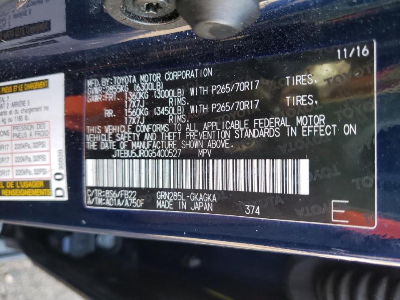 Photo 10 from auction – 2016 TOYOTA 4RUNNER SR with VIN JTEBU5JR0G5400527