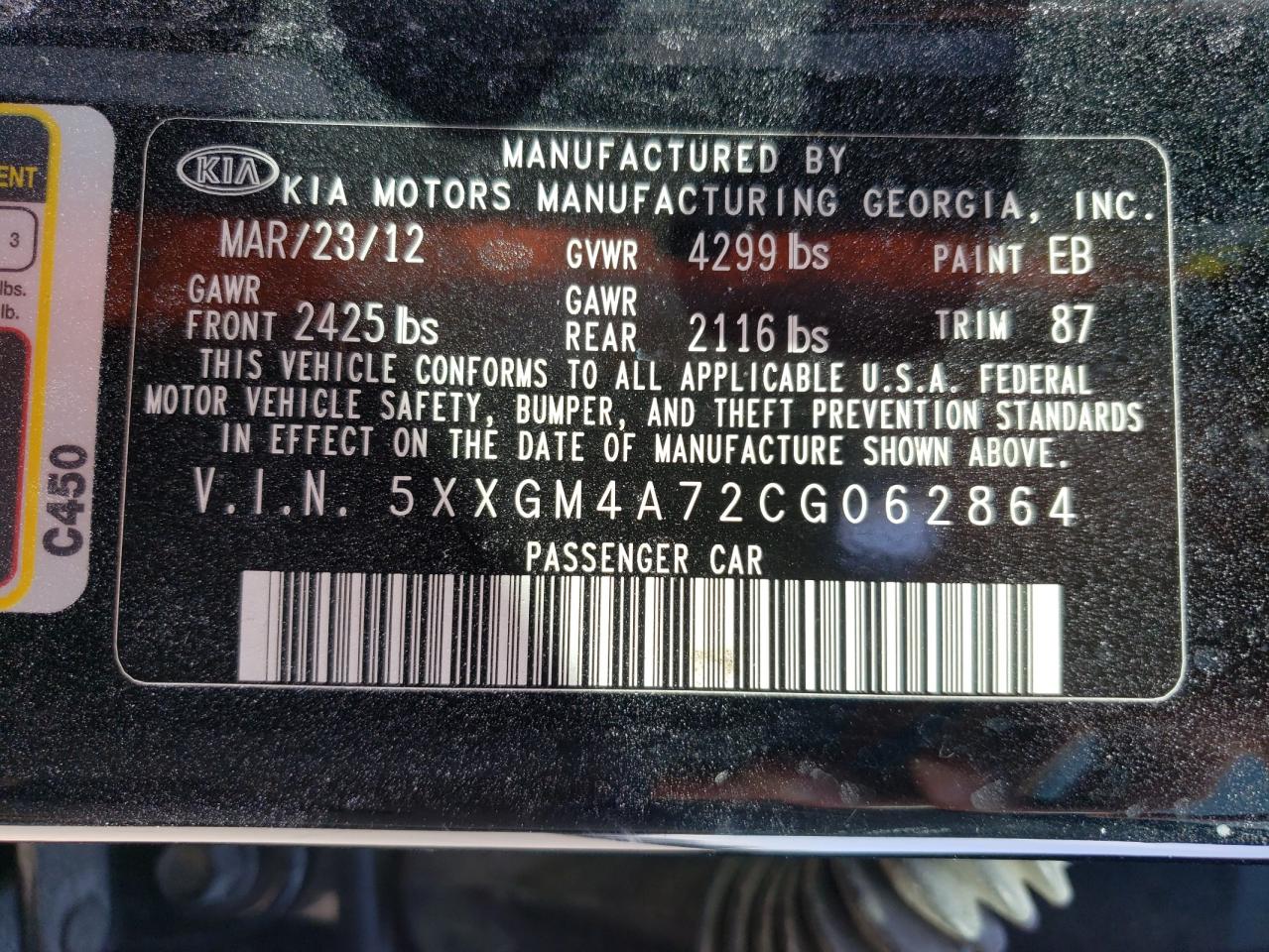 Photo 10 from auction – 2012 KIA OPTIMA LX with VIN 5XXGM4A72CG062864