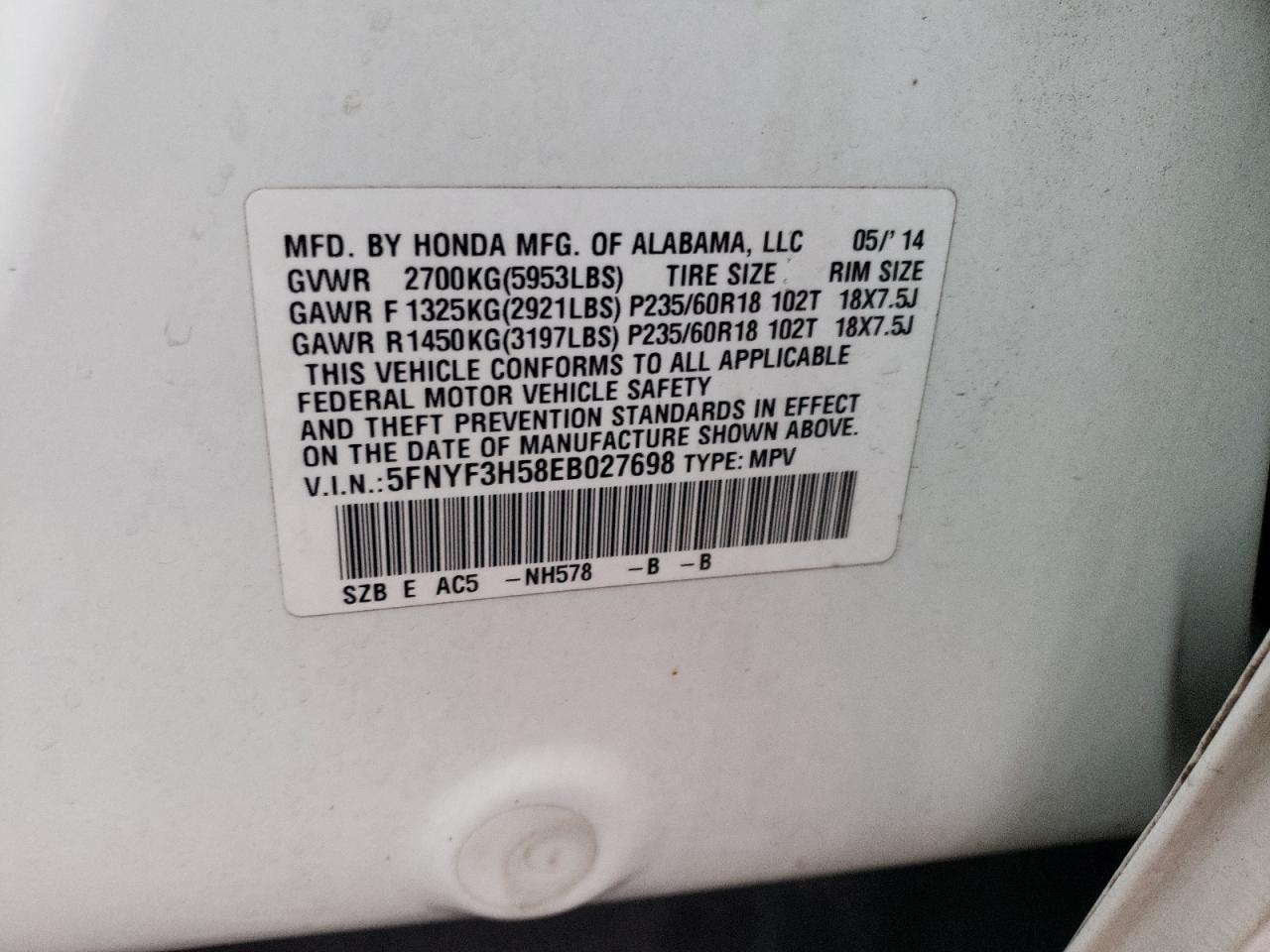 Photo 10 from auction – 2014 HONDA PILOT EXL with VIN 5FNYF3H58EB027698