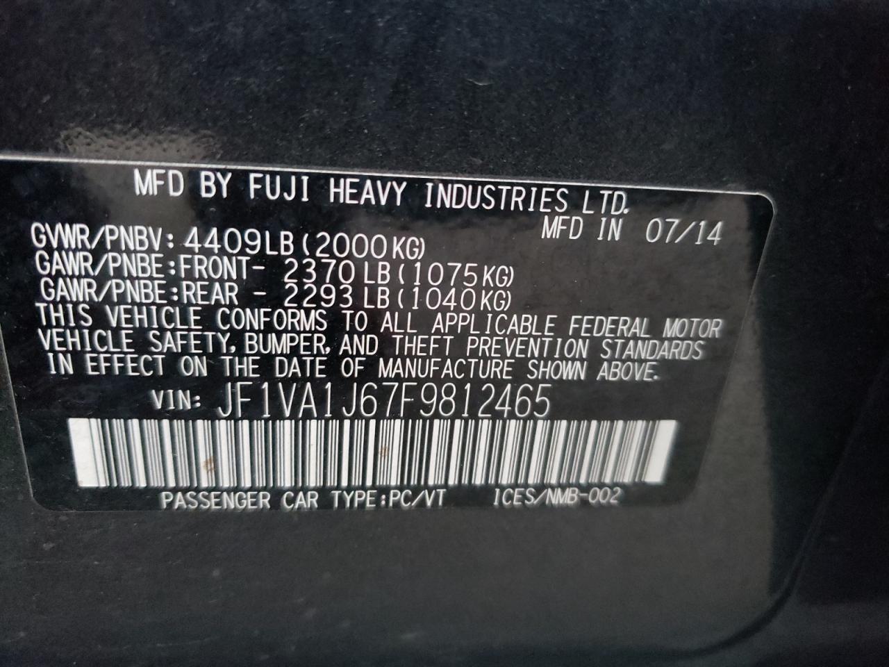Photo 10 from auction – 2015 SUBARU WRX LIMITE with VIN JF1VA1J67F9812465