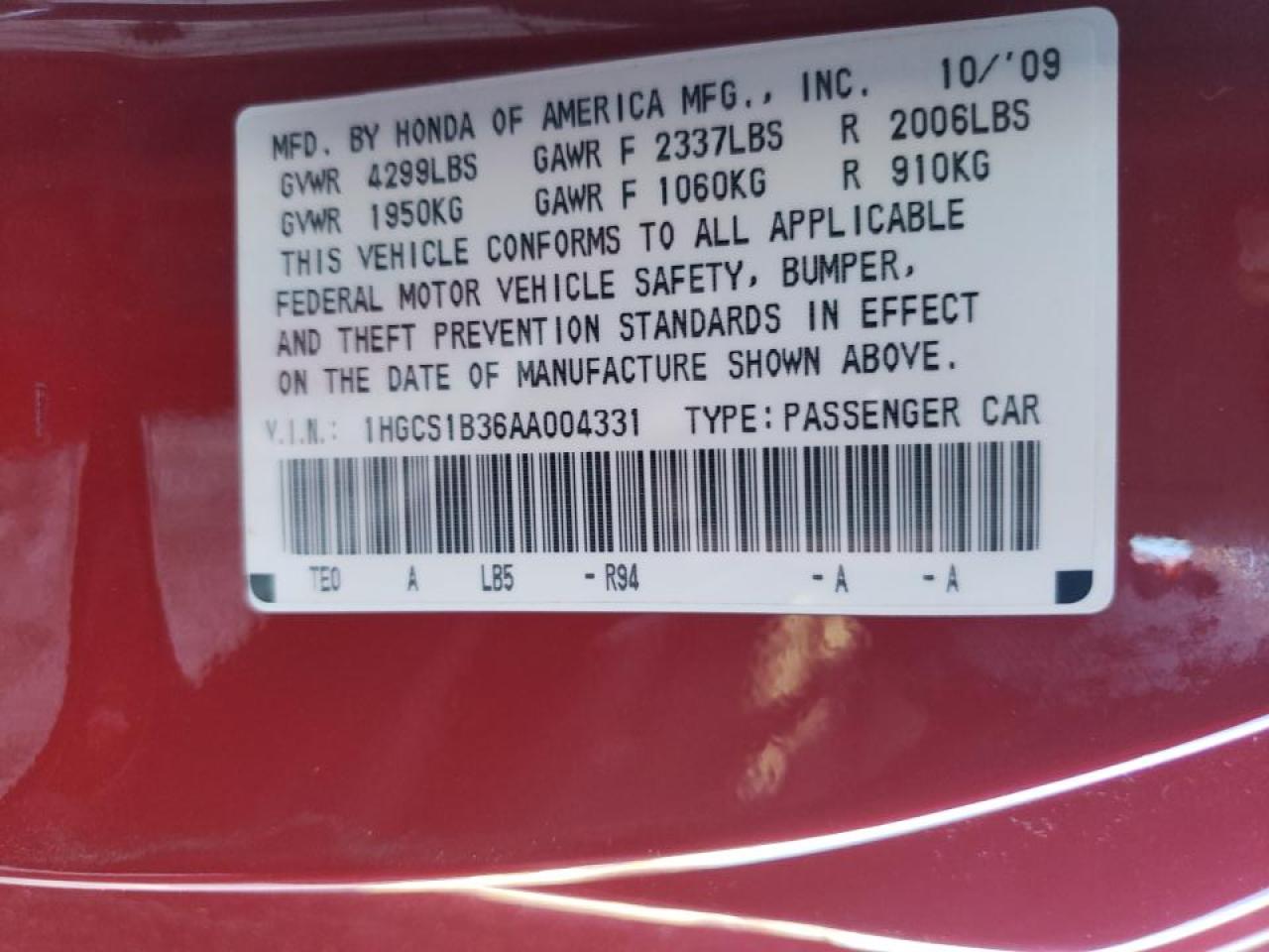 Photo 10 from auction – 2010 HONDA ACCORD LX with VIN 1HGCS1B36AA004331