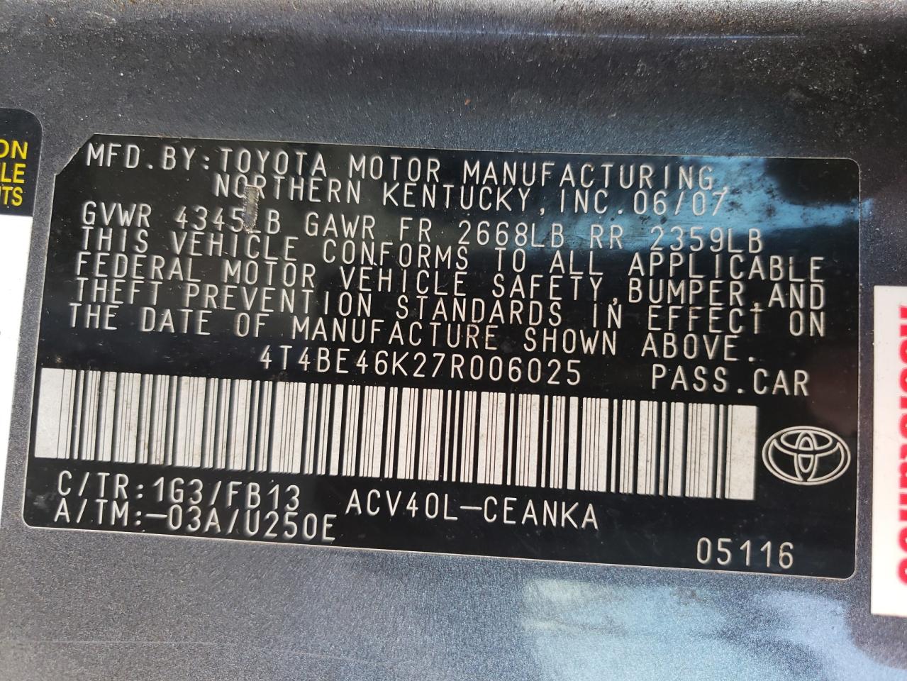 Photo 10 from auction – 2007 TOYOTA CAMRY CE with VIN 4T4BE46K27R006025