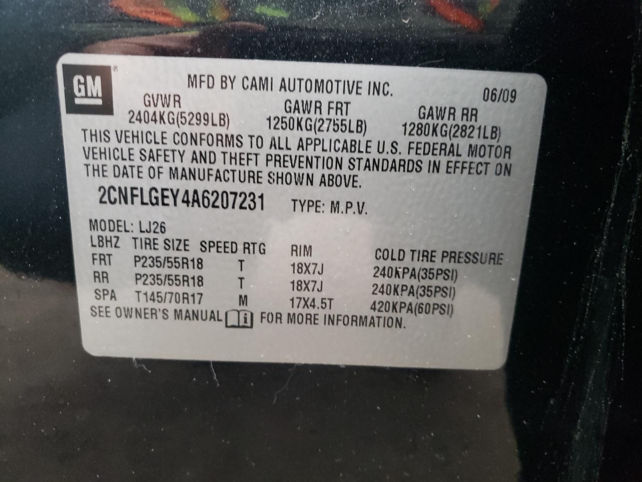 Photo 10 from auction – 2010 CHEVROLET EQUINOX LT with VIN 2CNFLGEY4A6207231