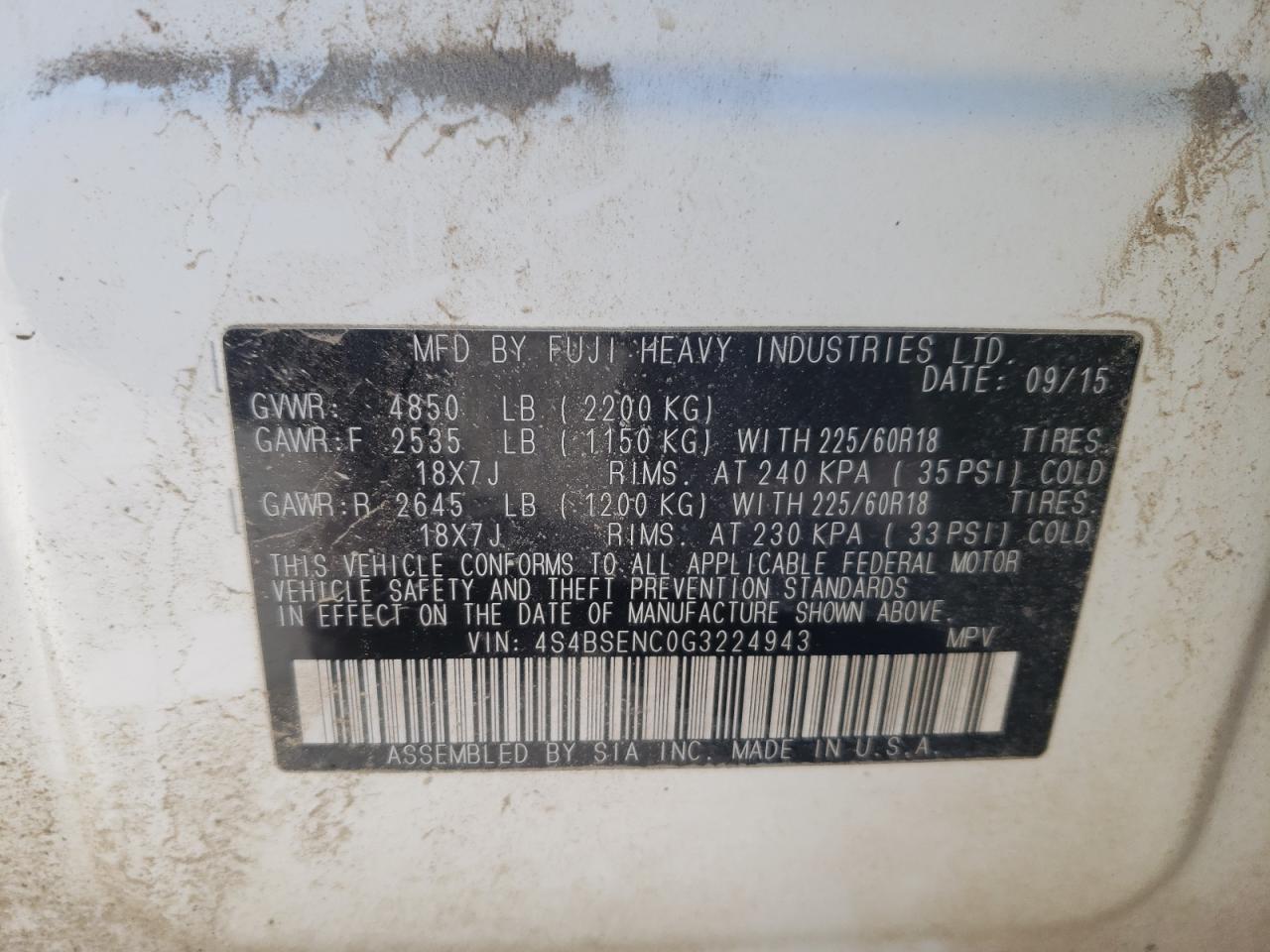 Photo 11 from auction – 2016 SUBARU OUTBACK 3. with VIN 4S4BSENC0G3224943