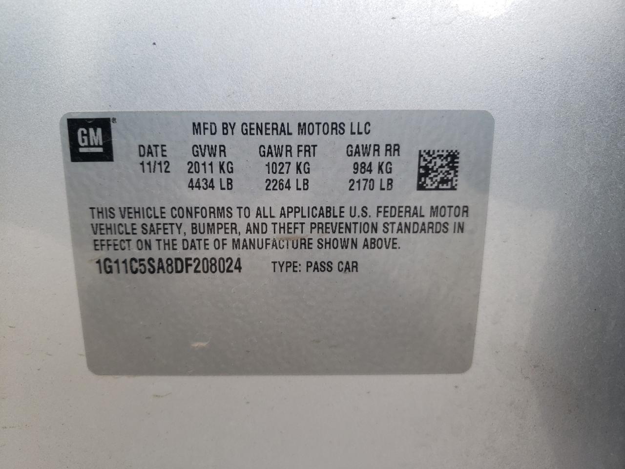 Photo 10 from auction – 2013 CHEVROLET MALIBU 1LT with VIN 1G11C5SA8DF208024