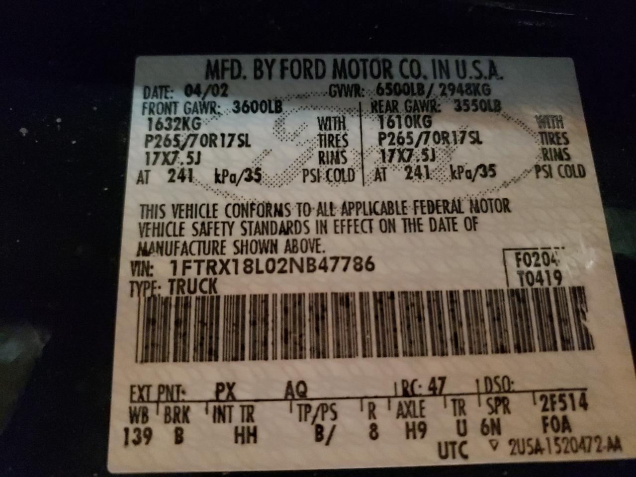 Photo 10 from auction – 2002 FORD F150 with VIN 1FTRX18L02NB47786