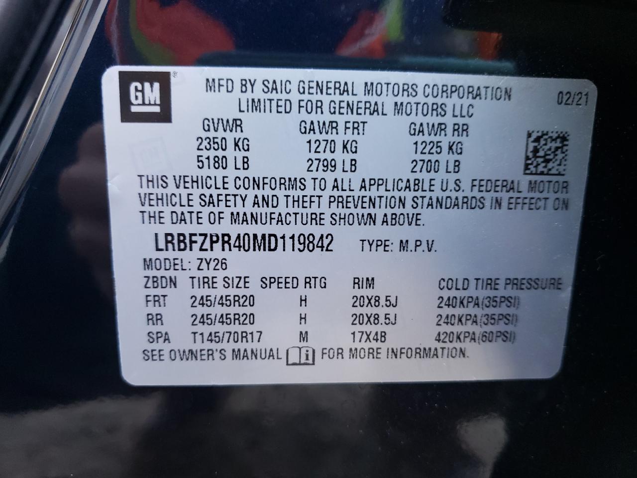 Photo 10 from auction – 2021 BUICK ENVISION E with VIN LRBFZPR40MD119842
