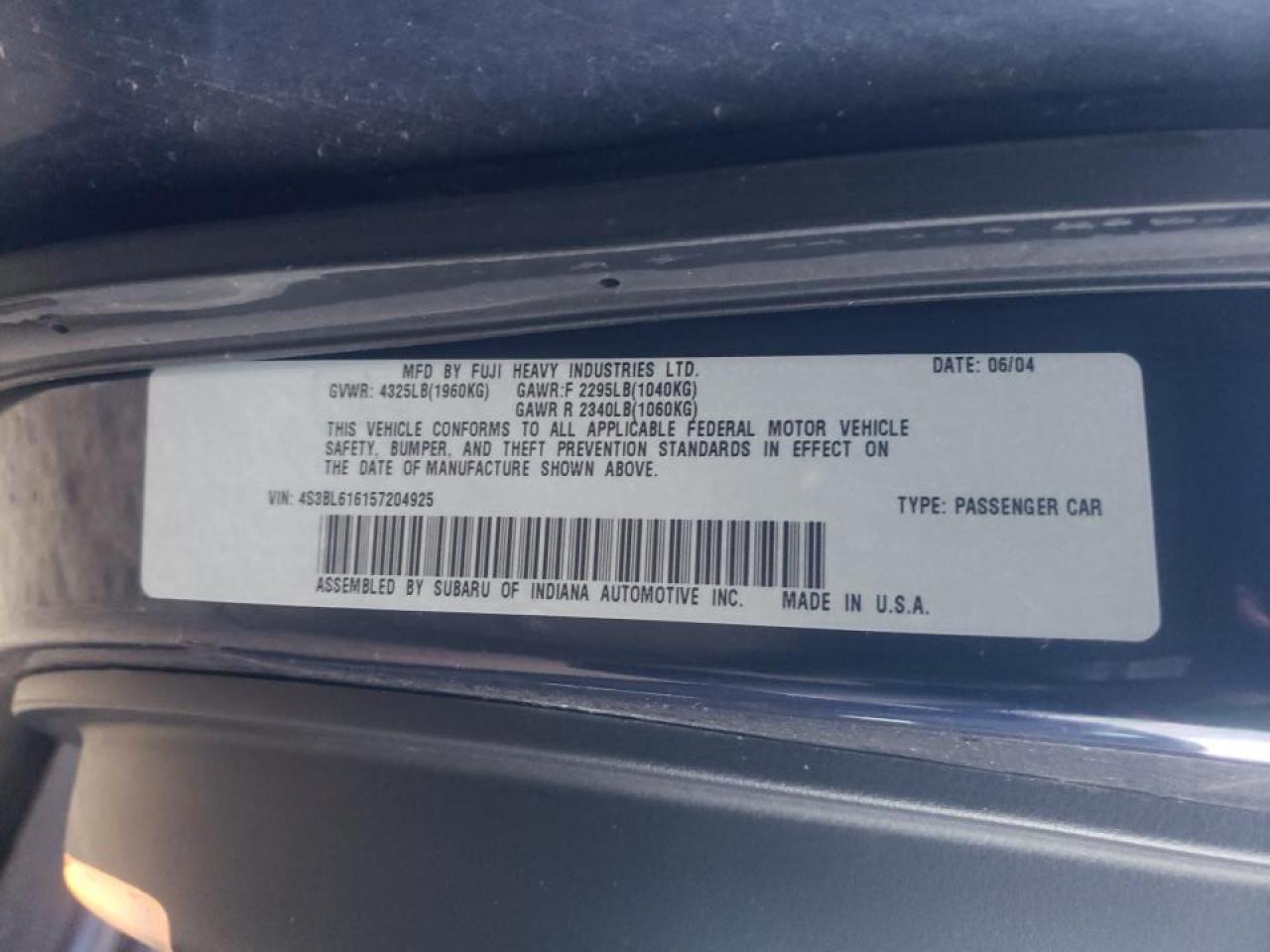 Photo 10 from auction – 2005 SUBARU LEGACY 2.5 with VIN 4S3BL616157204925