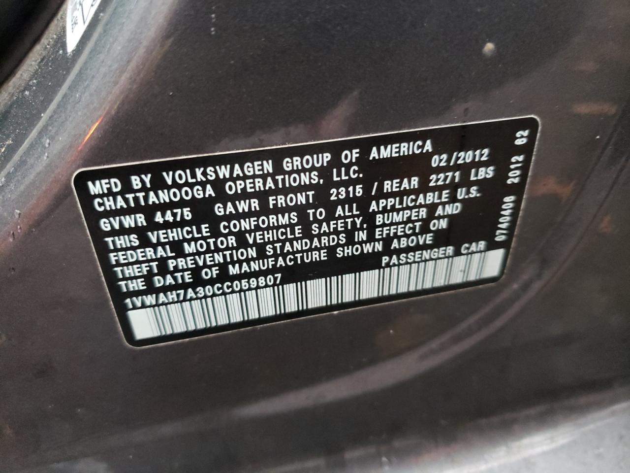Photo 10 from auction – 2012 VOLKSWAGEN PASSAT S with VIN 1VWAH7A30CC059807