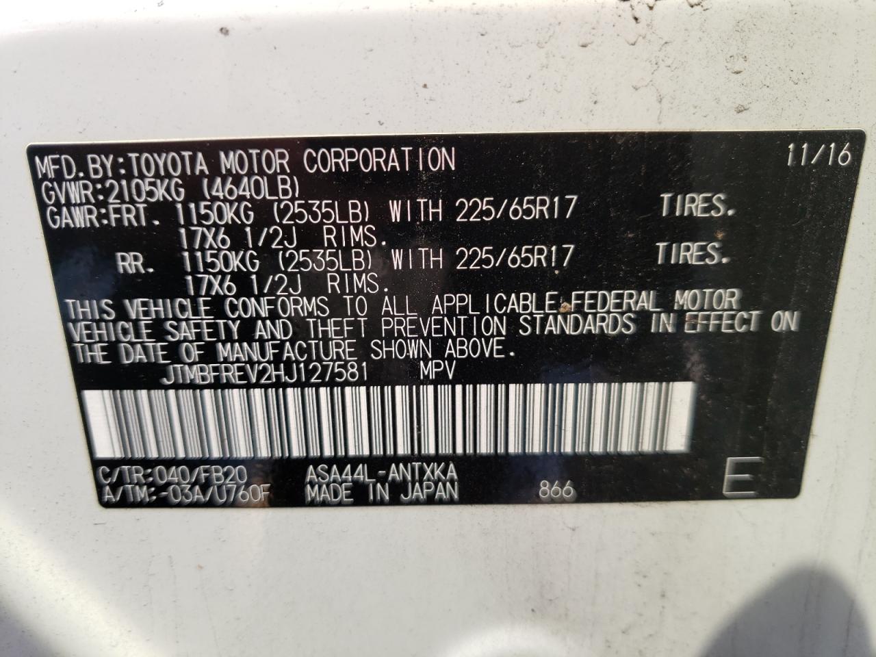 Photo 10 from auction – 2017 TOYOTA RAV4 LE with VIN JTMBFREV2HJ127581