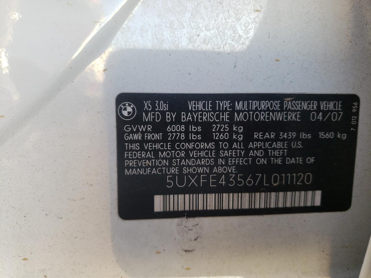 Photo 10 from auction – 2007 BMW X5 3.0I with VIN 5UXFE43567L011120