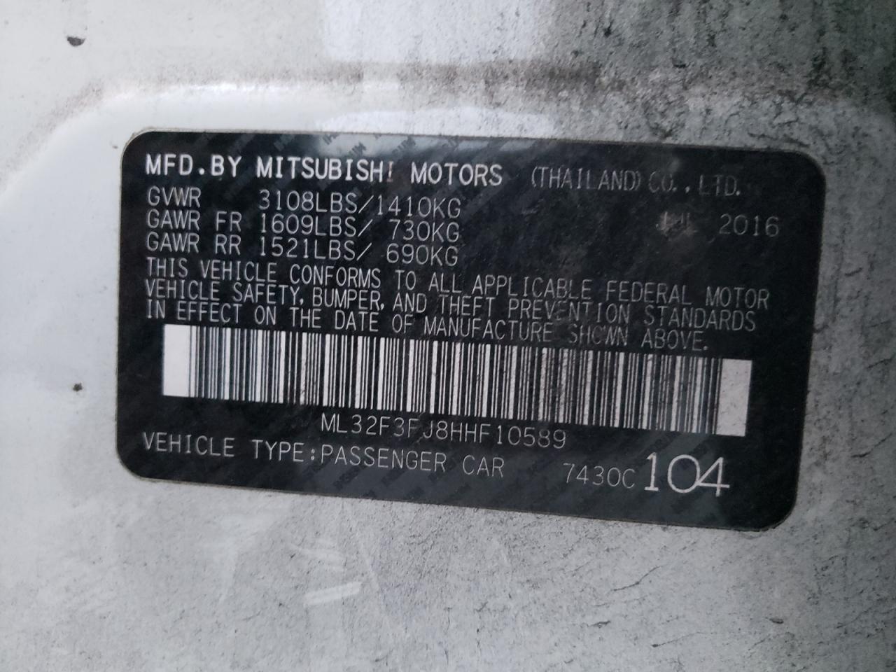 Photo 10 from auction – 2017 MITSUBISHI MIRAGE G4 with VIN ML32F3FJ8HHF10589