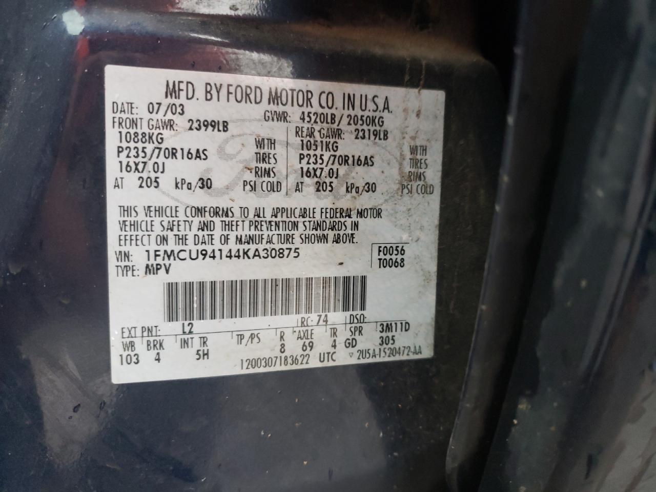 Photo 10 from auction – 2004 FORD ESCAPE LIM with VIN 1FMCU94144KA30875