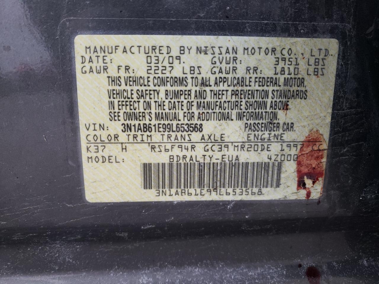 Photo 10 from auction – 2009 NISSAN SENTRA 2.0 with VIN 3N1AB61E99L653568
