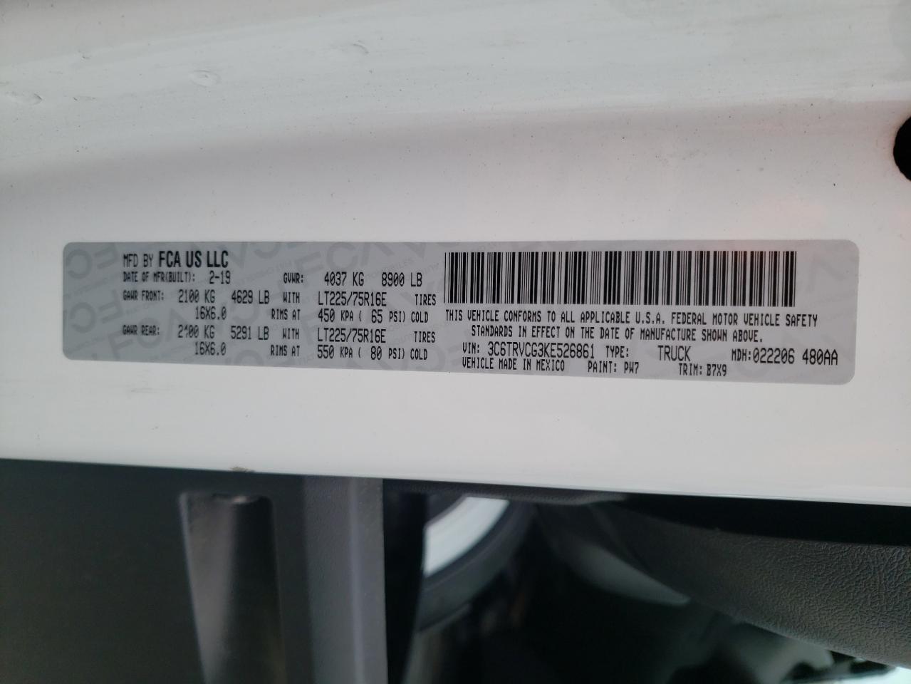 Photo 10 from auction – 2019 RAM PROMASTER with VIN 3C6TRVCG3KE526861