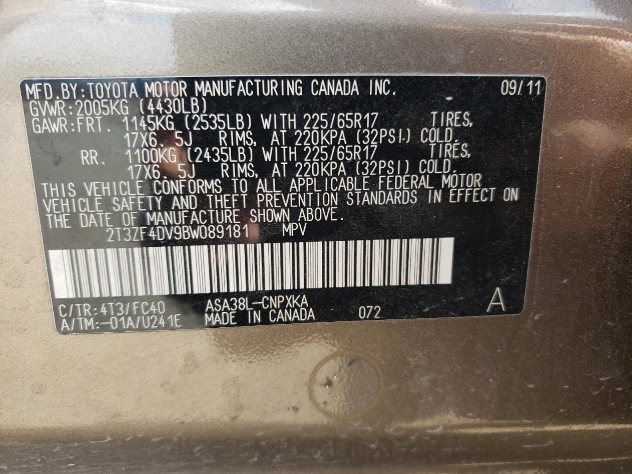 Photo 10 from auction – 2011 TOYOTA RAV4 with VIN 2T3ZF4DV9BW089181