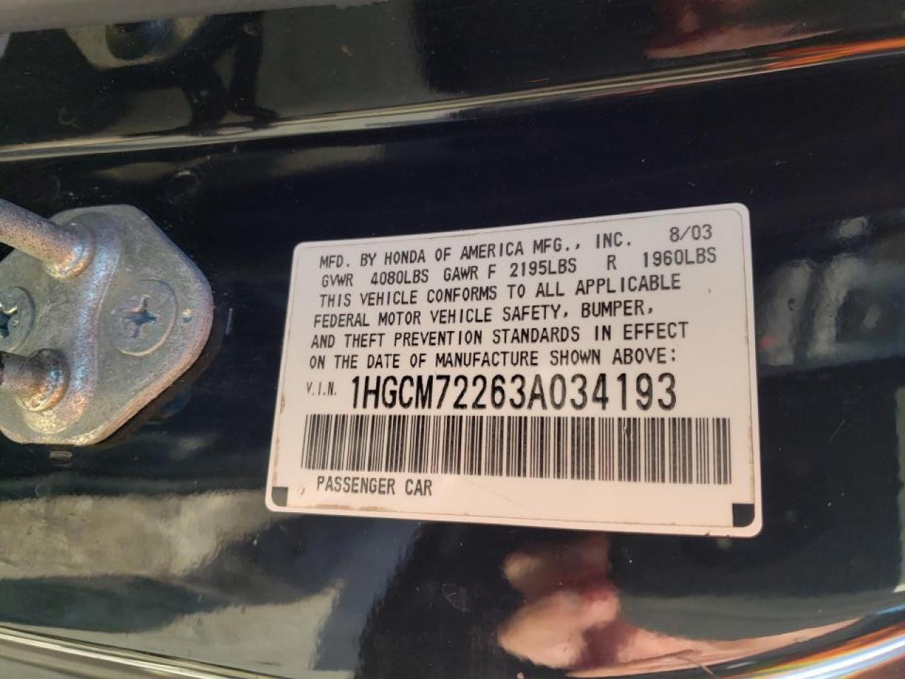 Photo 10 from auction – 2003 HONDA ACCORD LX with VIN 1HGCM72263A034193