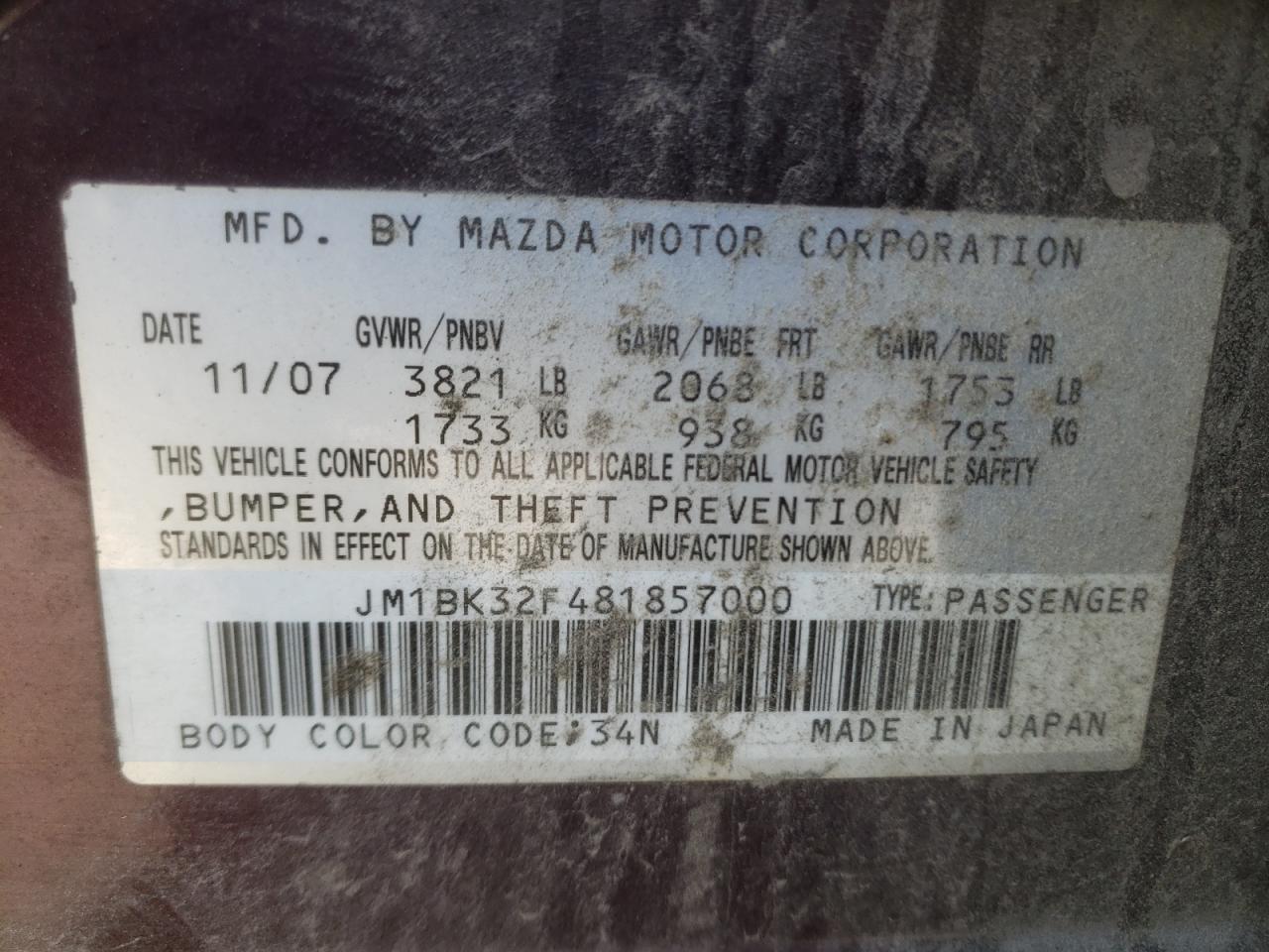 Photo 10 from auction – 2008 MAZDA 3 I with VIN JM1BK32F481857000