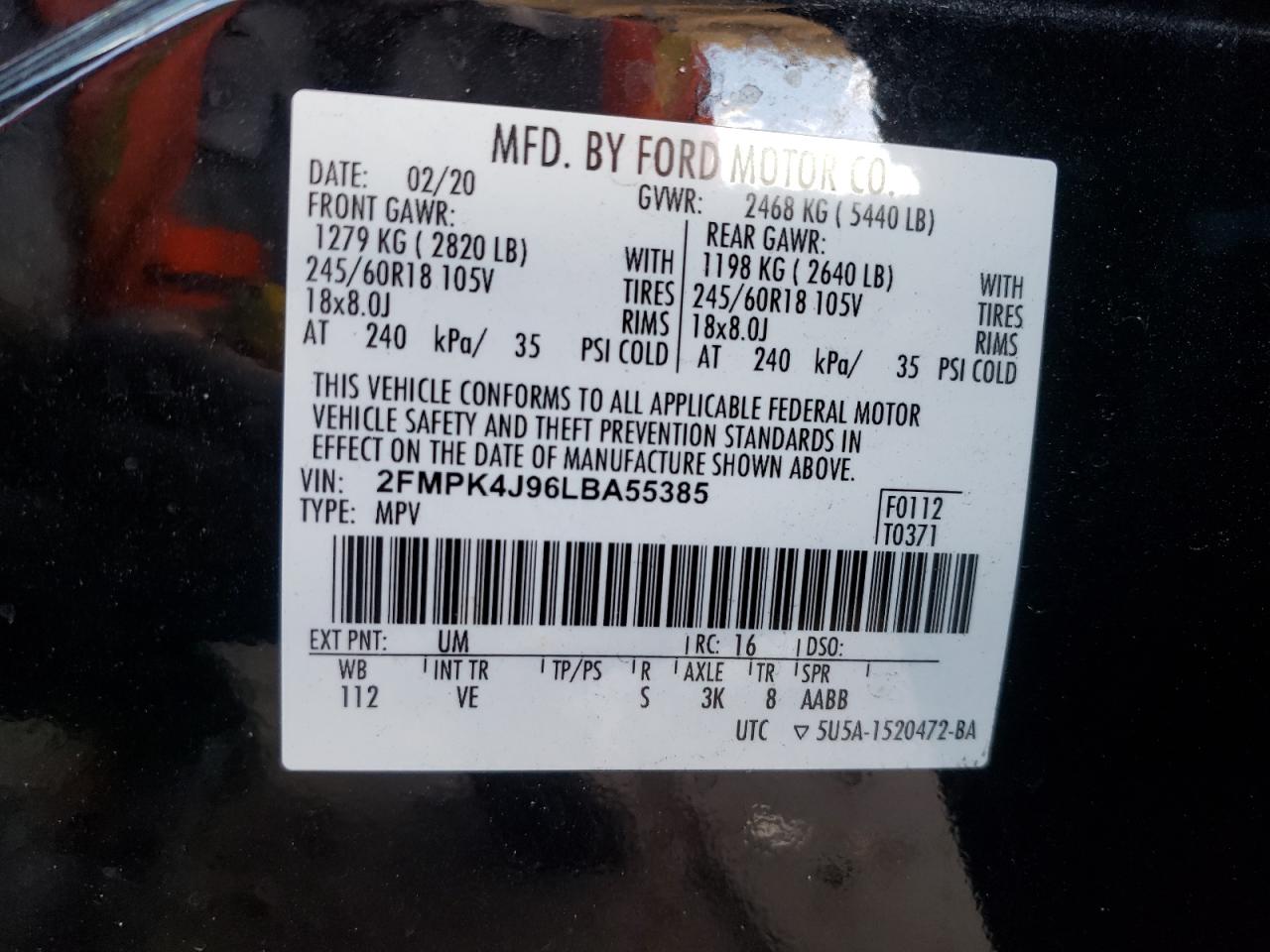 Photo 10 from auction – 2020 FORD EDGE SEL with VIN 2FMPK4J96LBA55385