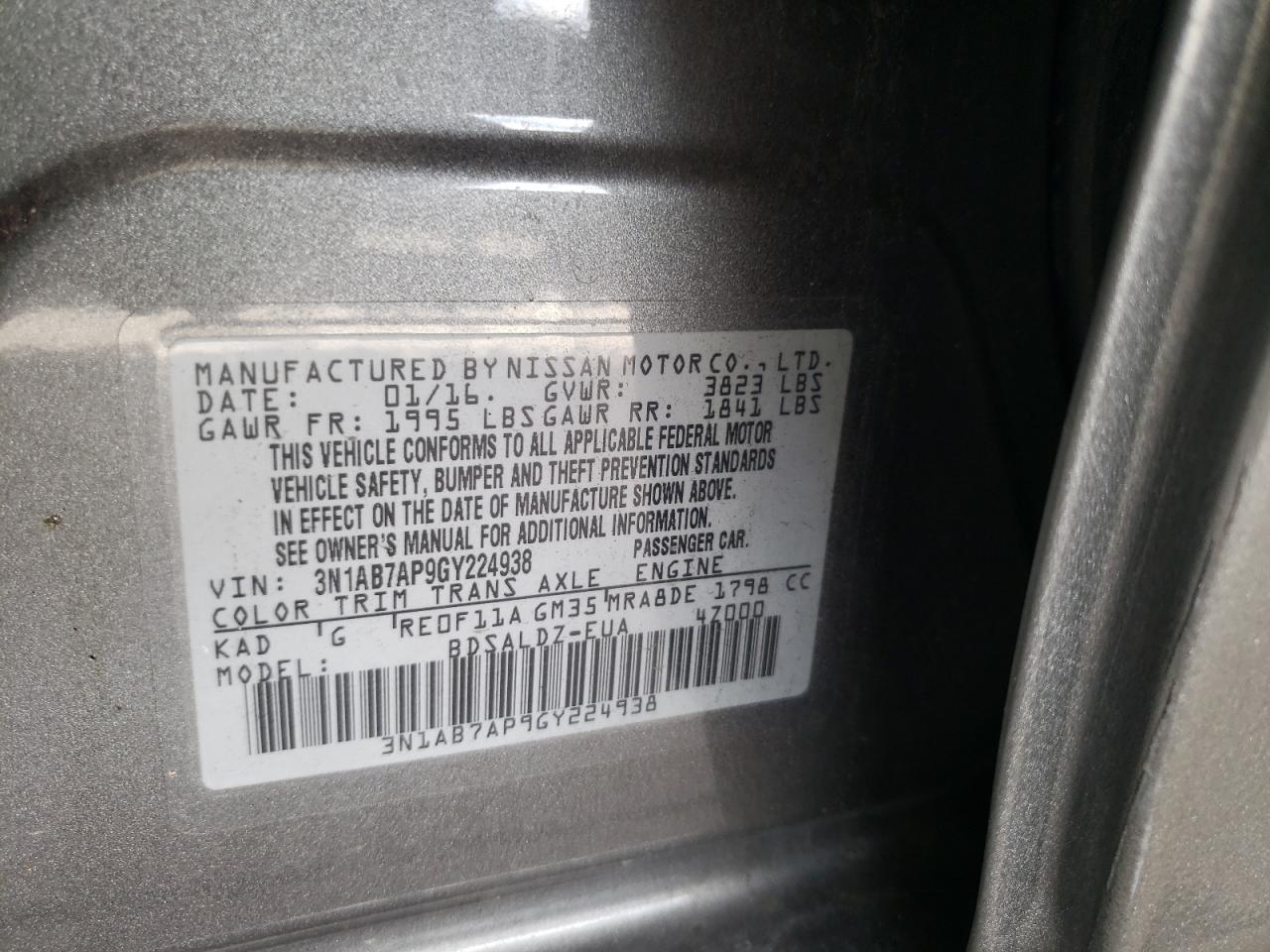 Photo 10 from auction – 2016 NISSAN SENTRA S with VIN 3N1AB7AP9GY224938
