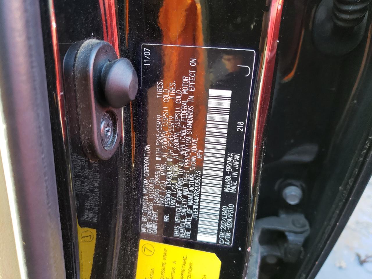 Photo 10 from auction – 2008 TOYOTA HIGHLANDER with VIN JTEEW44A982008673