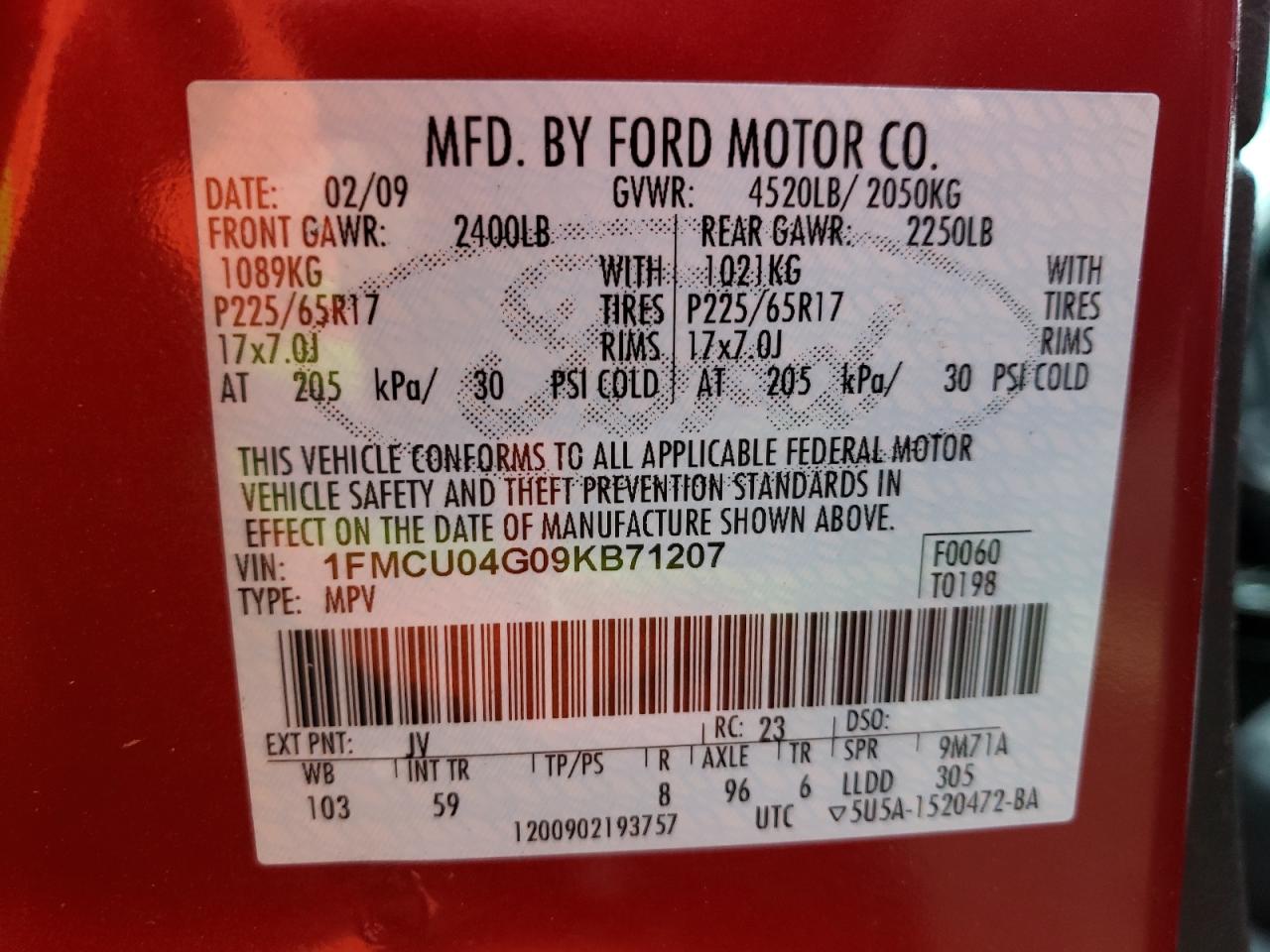 Photo 10 from auction – 2009 FORD ESCAPE LIM with VIN 1FMCU04G09KB71207