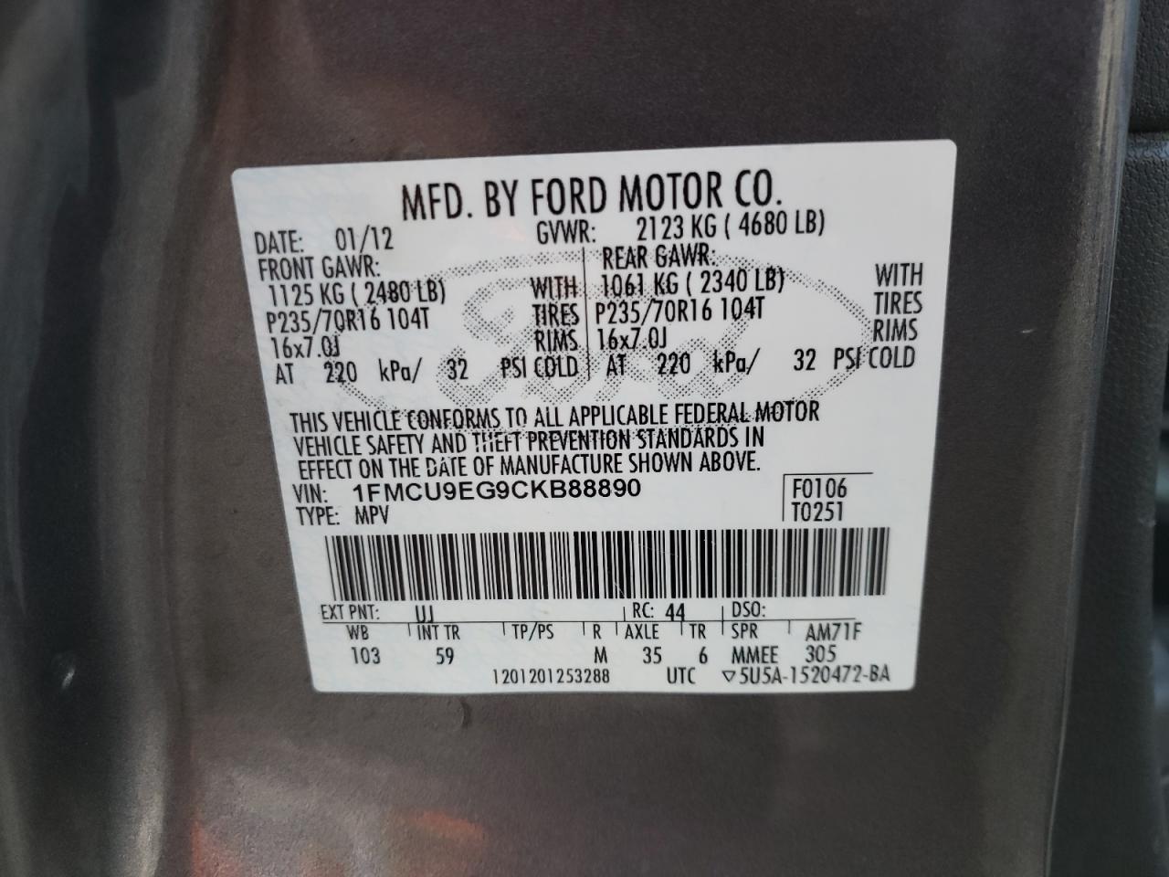 Photo 10 from auction – 2012 FORD ESCAPE LIM with VIN 1FMCU9EG9CKB88890