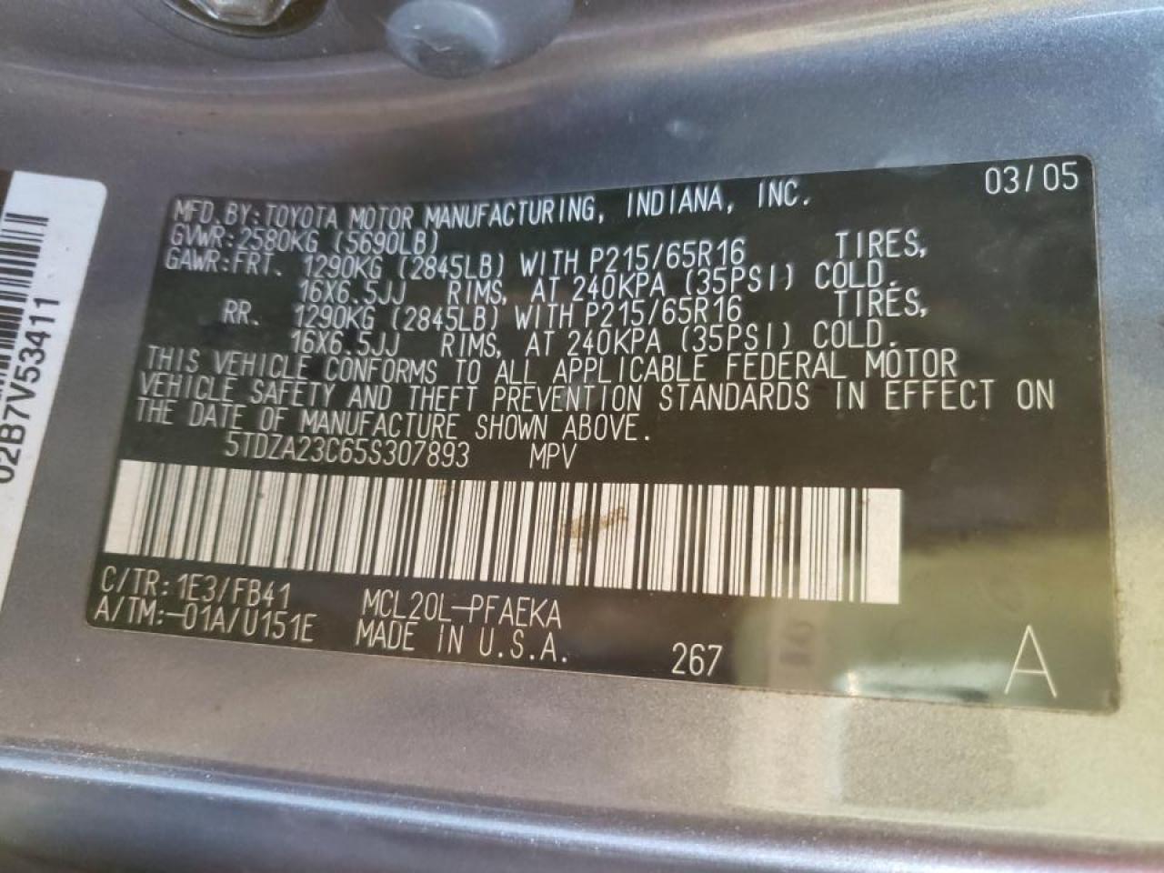 Photo 10 from auction – 2005 TOYOTA SIENNA CE with VIN 5TDZA23C65S307893