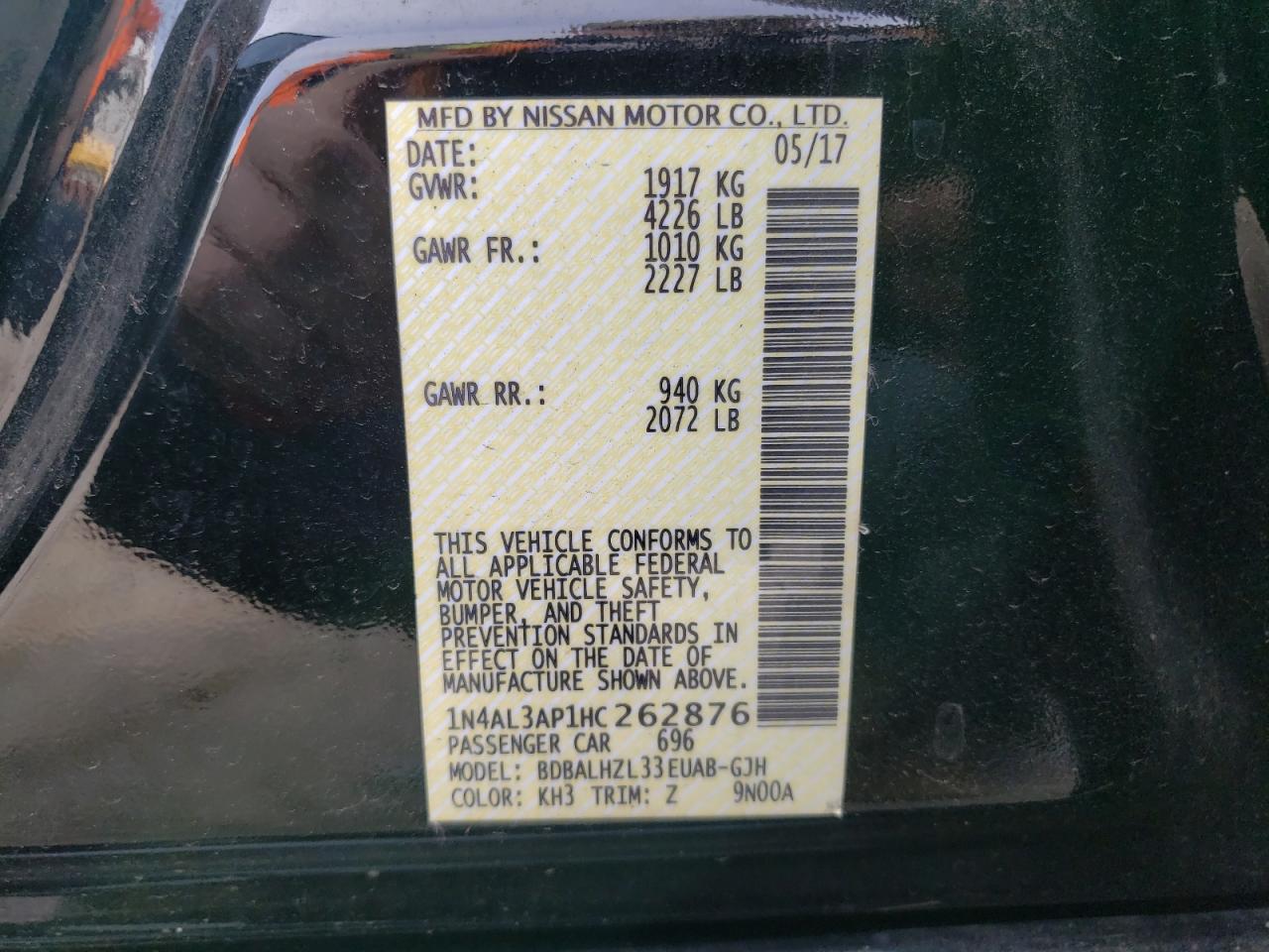 Photo 10 from auction – 2017 NISSAN ALTIMA 2.5 with VIN 1N4AL3AP1HC262876