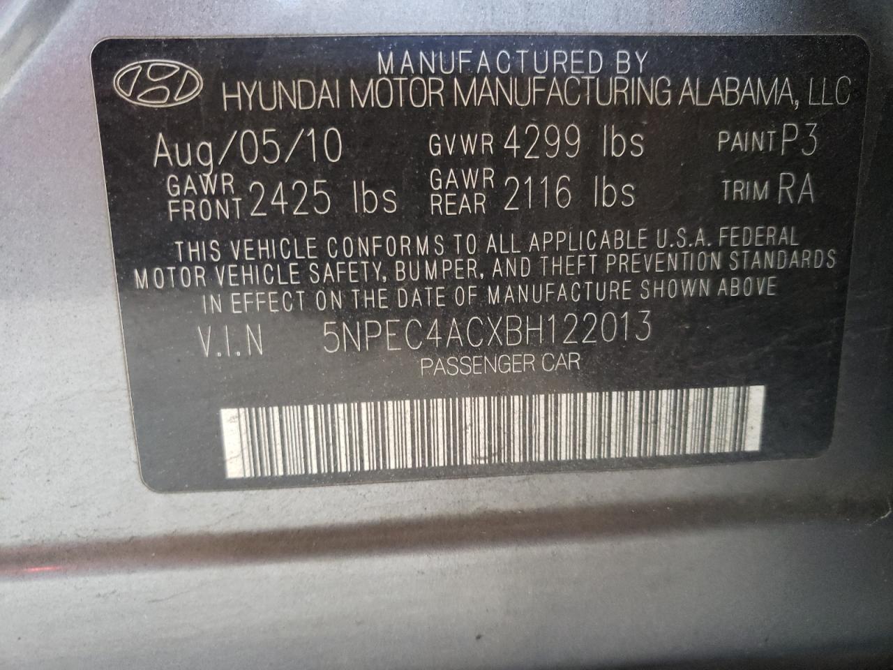 Photo 10 from auction – 2011 HYUNDAI SONATA SE with VIN 5NPEC4ACXBH122013