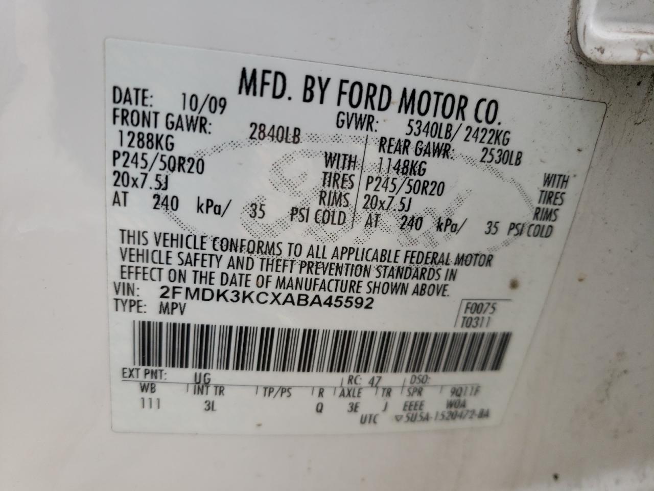 Photo 10 from auction – 2010 FORD EDGE LIMIT with VIN 2FMDK3KCXABA45592