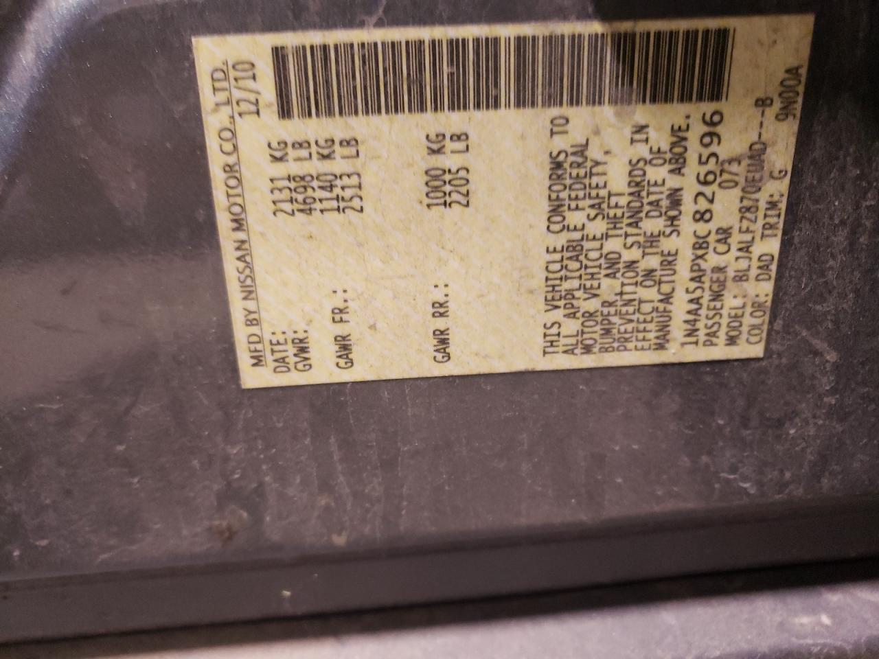 Photo 10 from auction – 2011 NISSAN MAXIMA S with VIN 1N4AA5APXBC826596