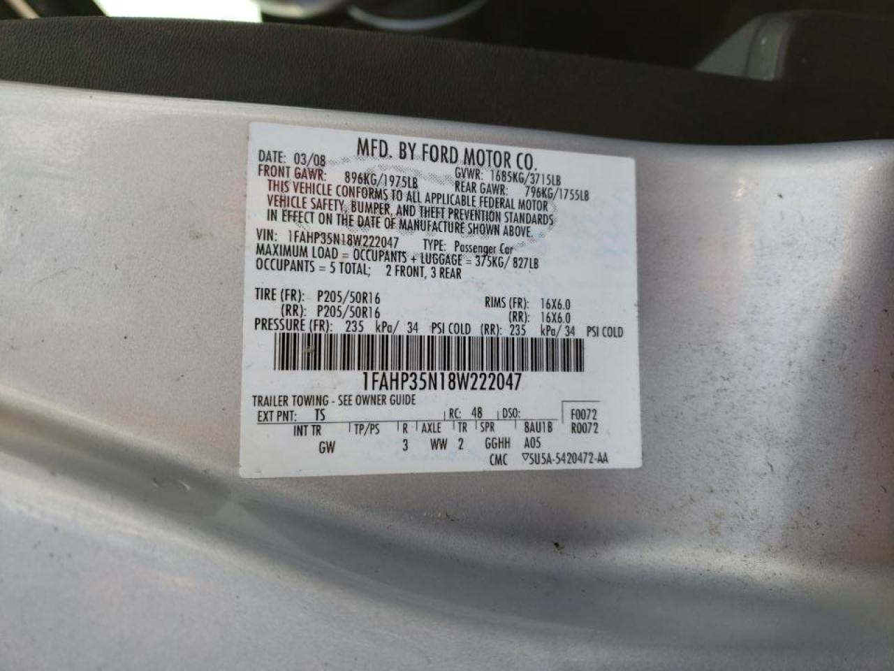 Photo 10 from auction – 2008 FORD FOCUS SE with VIN 1FAHP35N18W222047