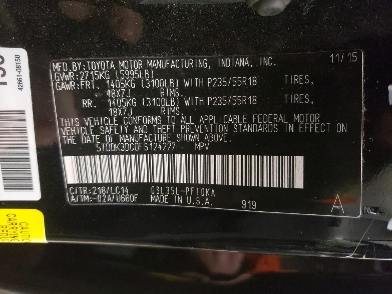 Photo 10 from auction – 2015 TOYOTA SIENNA XLE with VIN 5TDDK3DC0FS124227