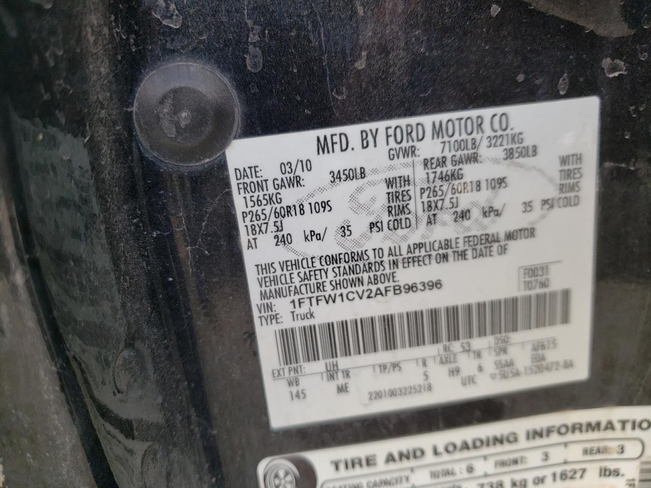 Photo 10 from auction – 2010 FORD F150 SUPER with VIN 1FTFW1CV2AFB96396