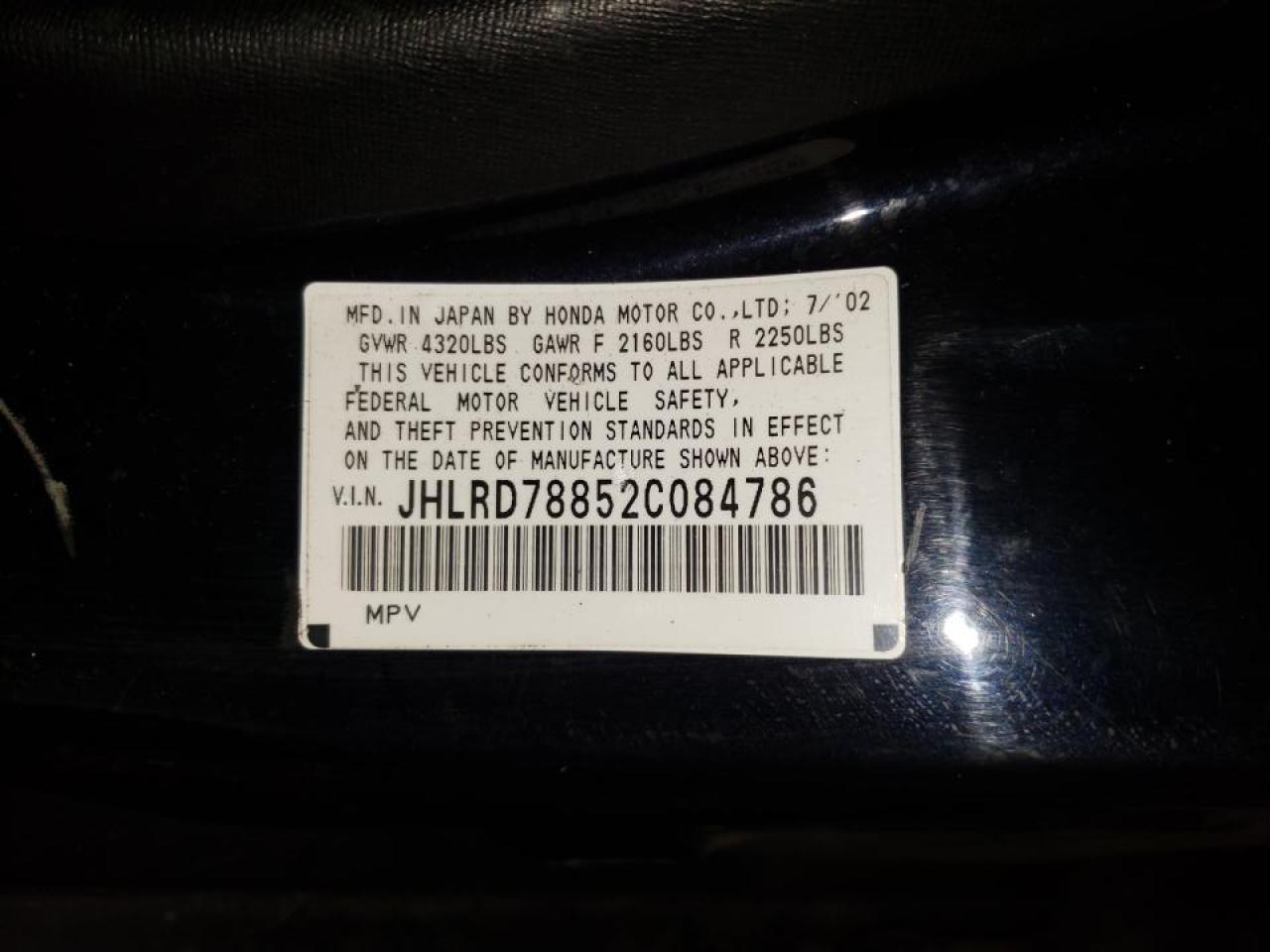 Photo 10 from auction – 2002 HONDA CR-V EX with VIN JHLRD78852C084786