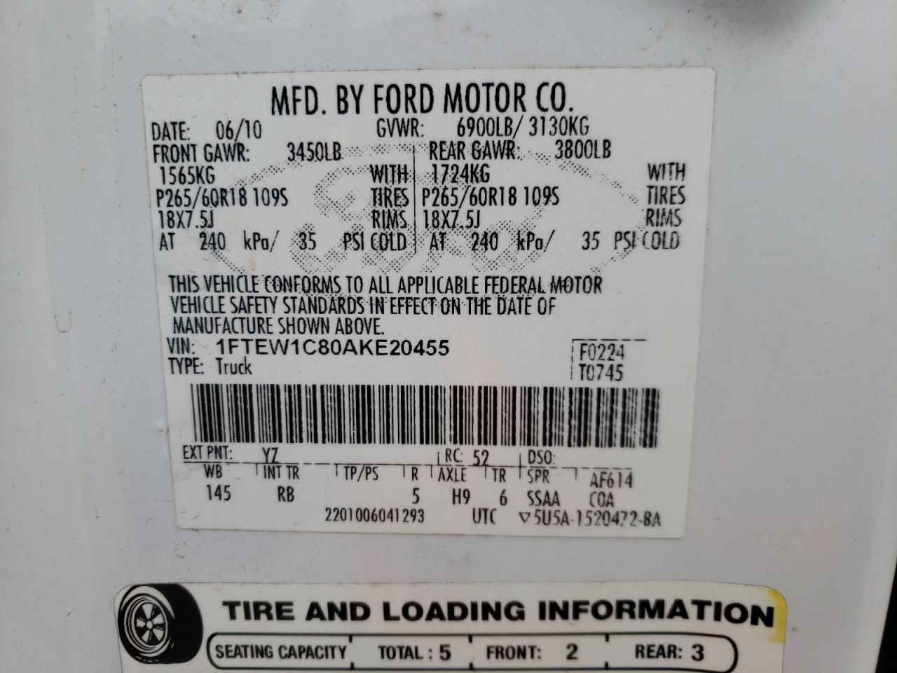 Photo 10 from auction – 2010 FORD F150 SUPER with VIN 1FTEW1C80AKE20455