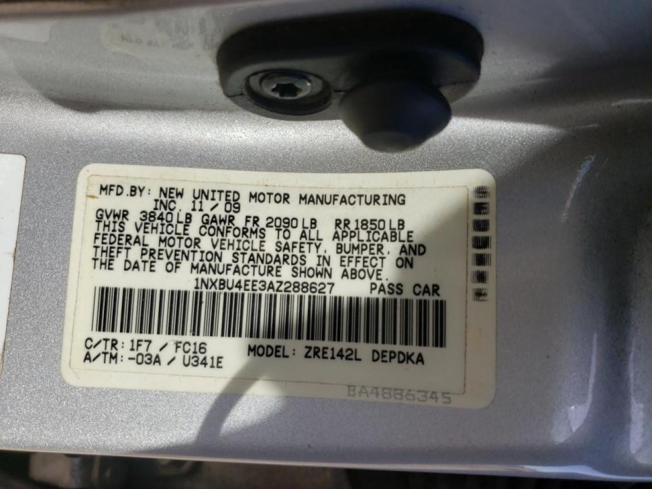 Photo 10 from auction – 2010 TOYOTA COROLLA BA with VIN 1NXBU4EE3AZ288627