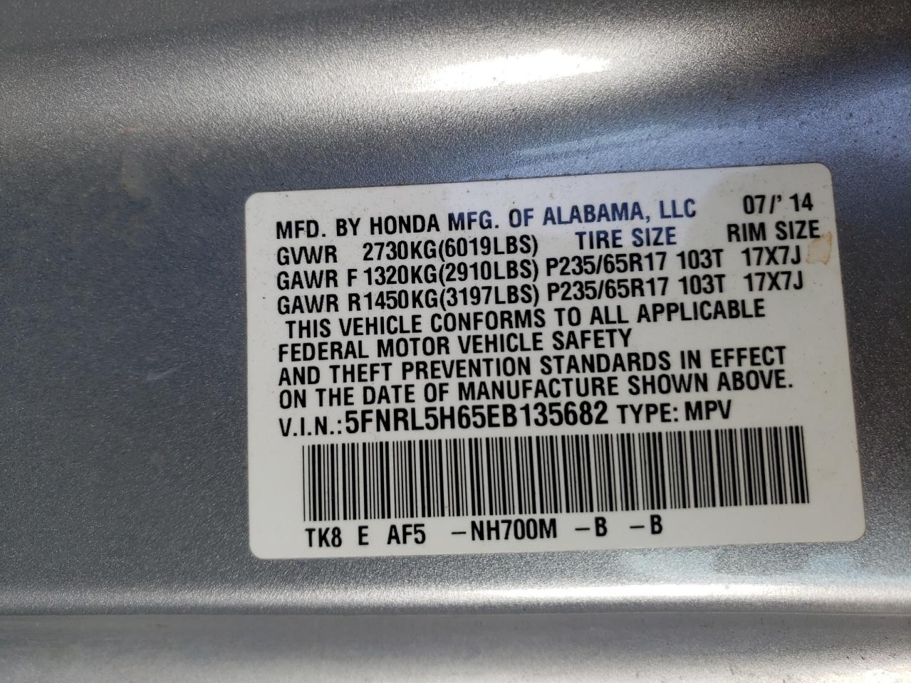 Photo 10 from auction – 2014 HONDA ODYSSEY EX with VIN 5FNRL5H65EB135682
