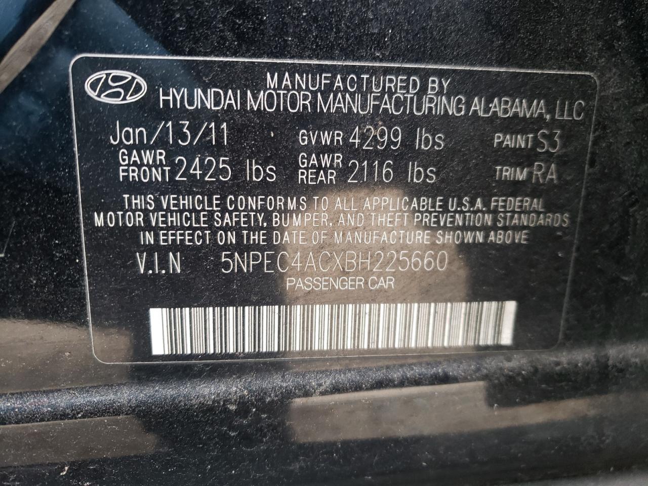 Photo 10 from auction – 2011 HYUNDAI SONATA SE with VIN 5NPEC4ACXBH225660