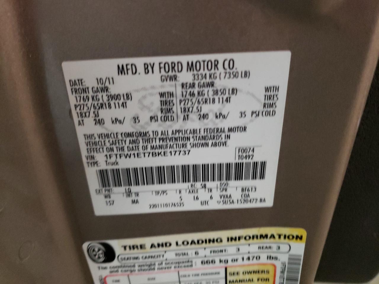 Photo 10 from auction – 2011 FORD F150 SUPER with VIN 1FTFW1ET7BKE17737