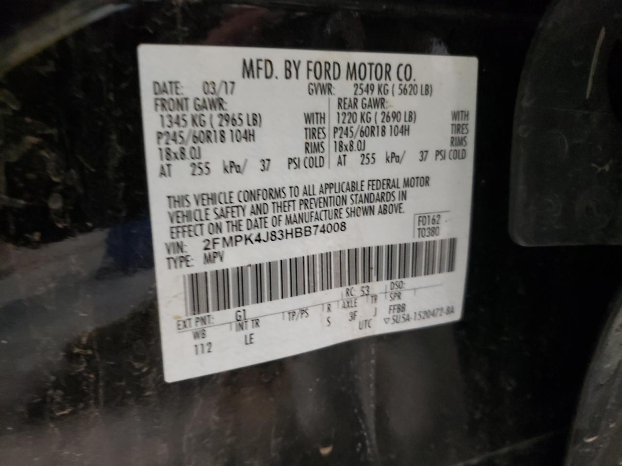 Photo 10 from auction – 2017 FORD EDGE SEL with VIN 2FMPK4J83HBB74008