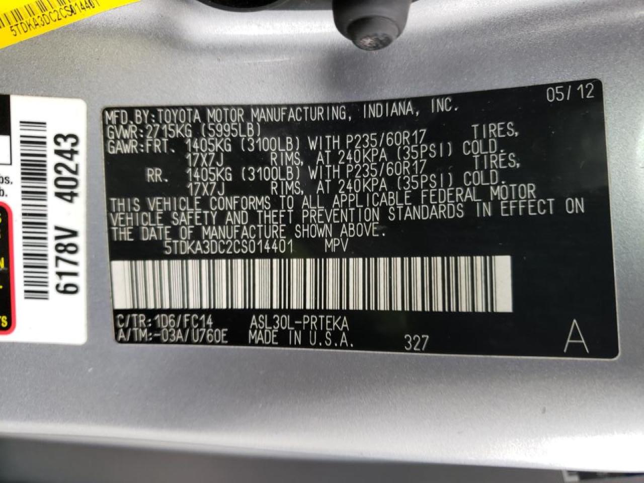 Photo 10 from auction – 2012 TOYOTA SIENNA BAS with VIN 5TDKA3DC2CS014401