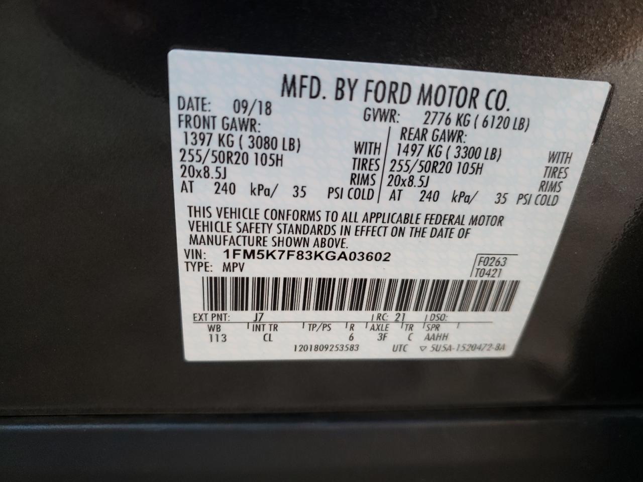 Photo 10 from auction – 2019 FORD EXPLORER L with VIN 1FM5K7F83KGA03602