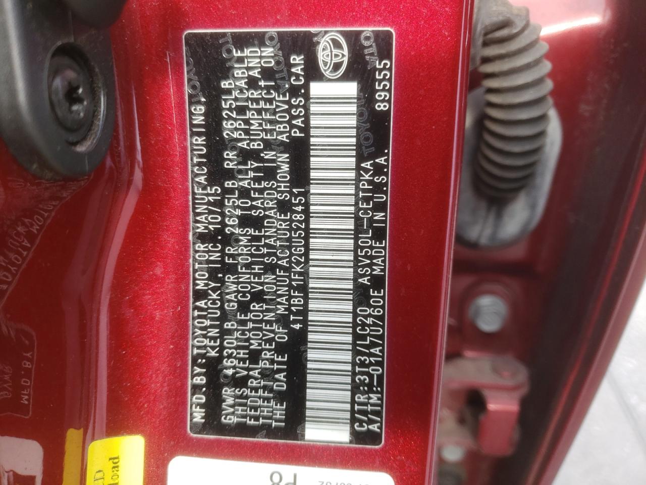Photo 10 from auction – 2016 TOYOTA CAMRY LE with VIN 4T1BF1FK2GU528451