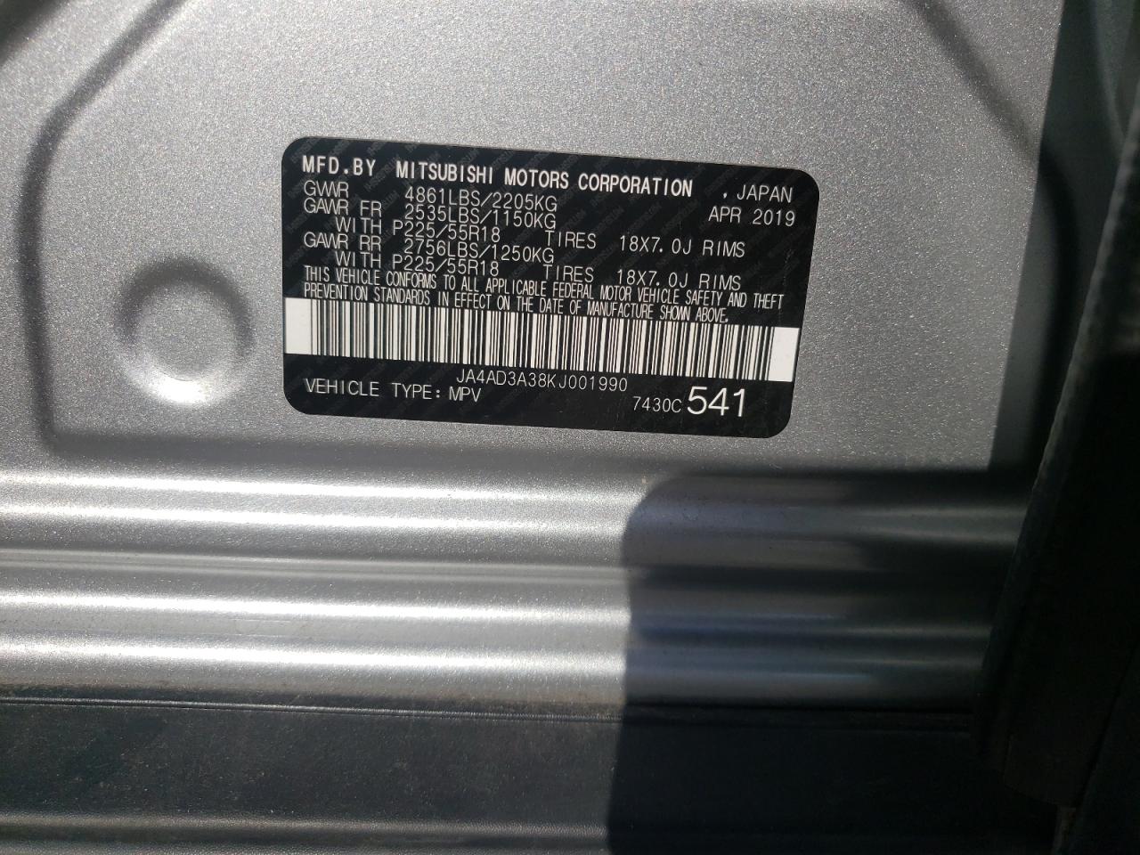 Photo 10 from auction – 2019 MITSUBISHI OUTLANDER with VIN JA4AD3A38KJ001990