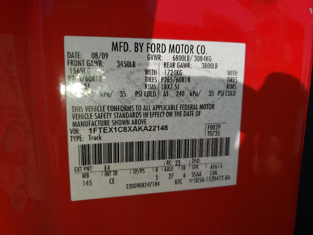 Photo 10 from auction – 2010 FORD F150 SUPER with VIN 1FTEX1C8XAKA22148